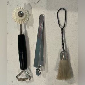 Vintage Kitchen Utensil’s pie/pastry wheel, pistachio popper & mini brush baster